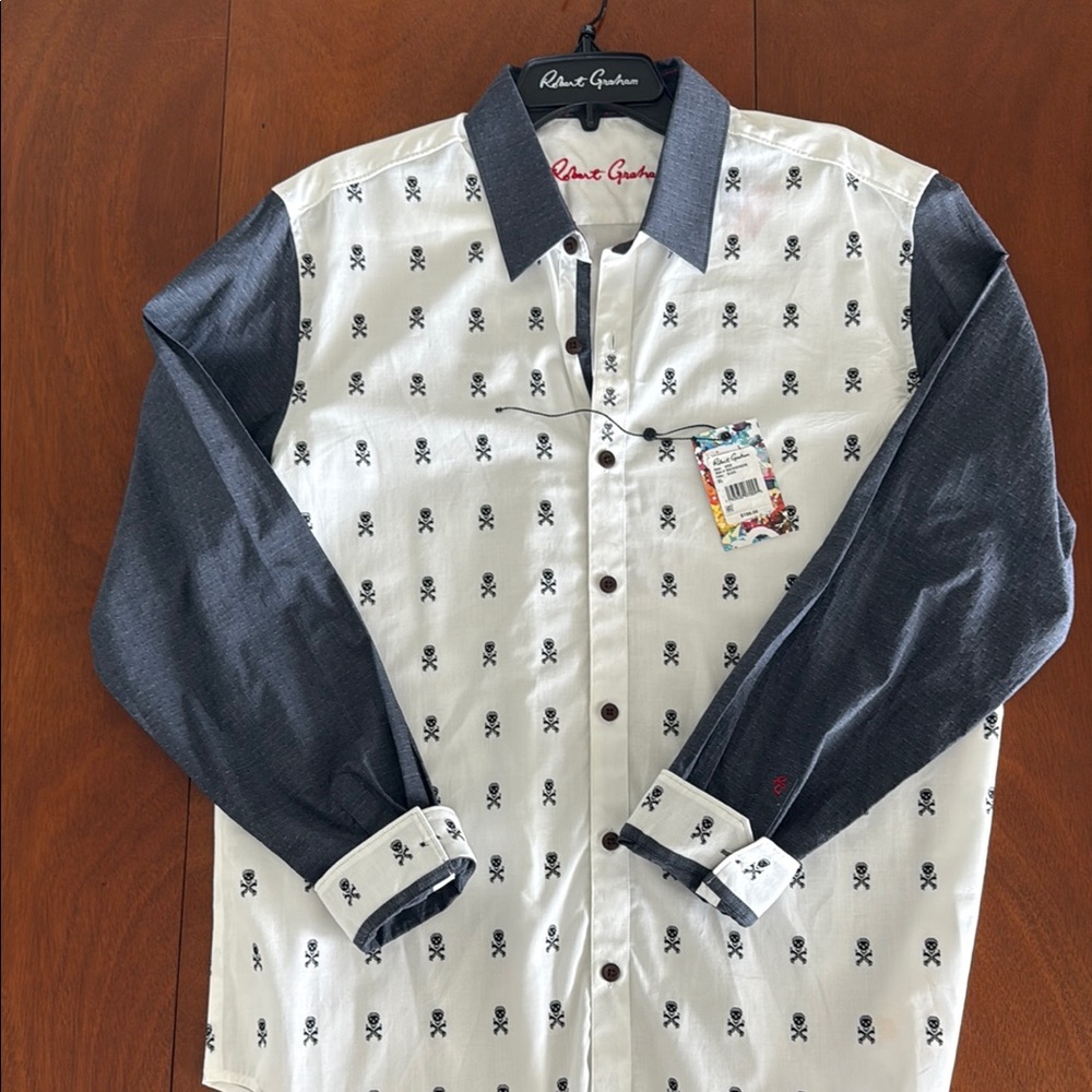 Robert Graham White and Blue with Skull and Cross Bones Button Down